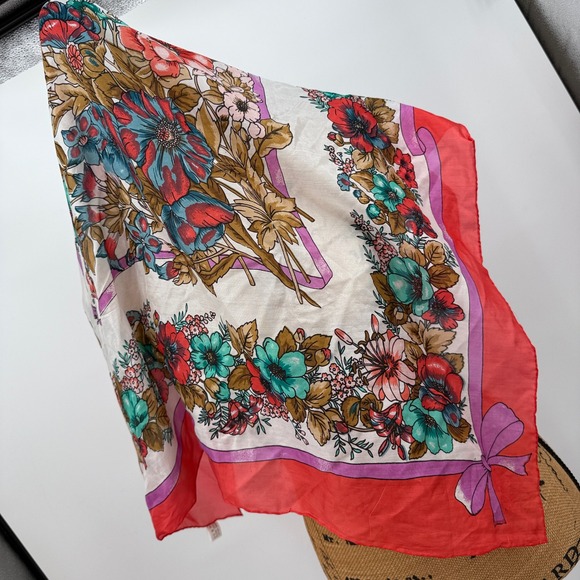 Vintage Floral Silk Scarf Hand Rolled Women's Red Teal Pink Cottage Roses - Picture 6 of 8